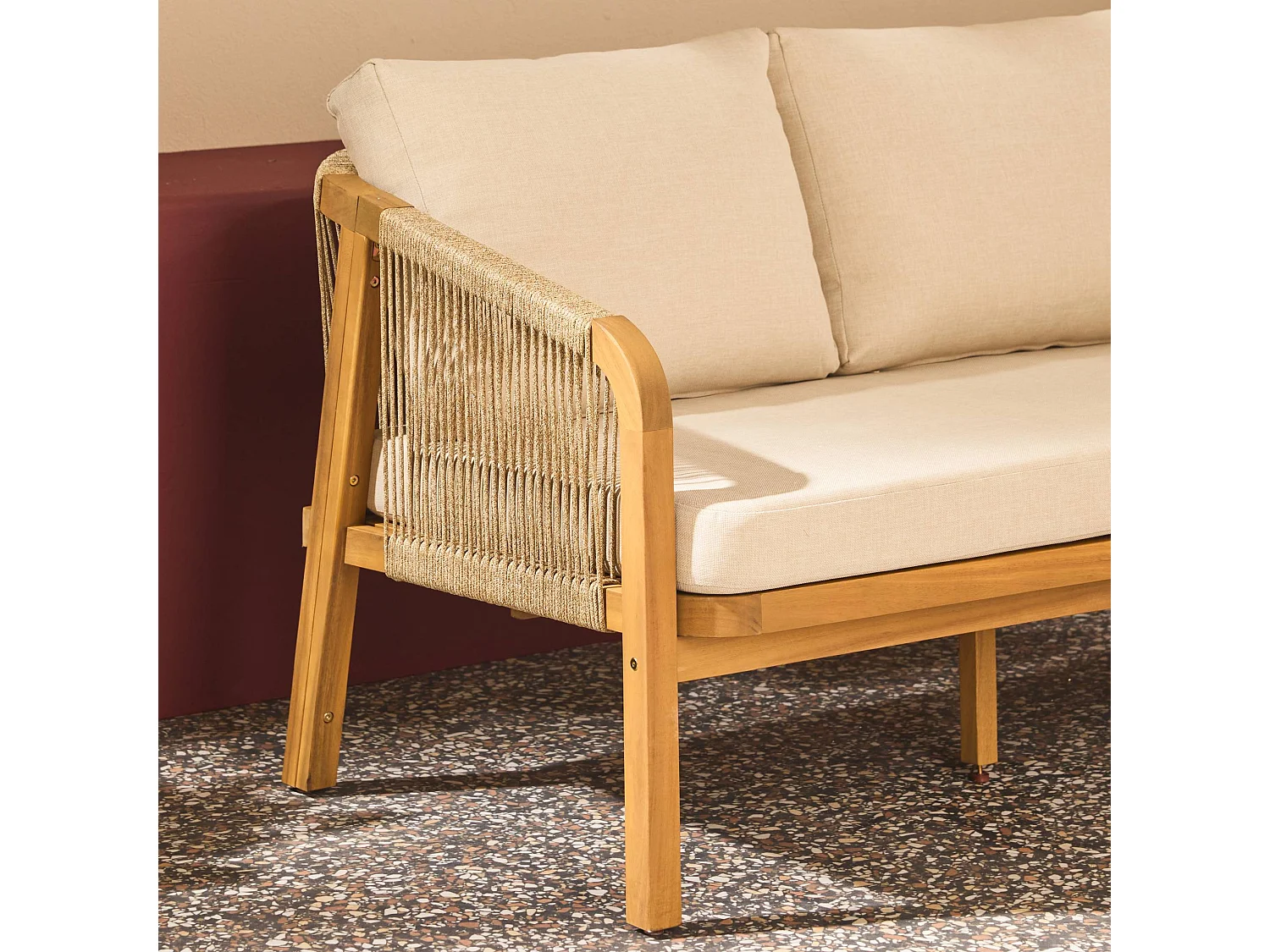 Divano da esterno in legno di acacia e corde, 3 posti, beige