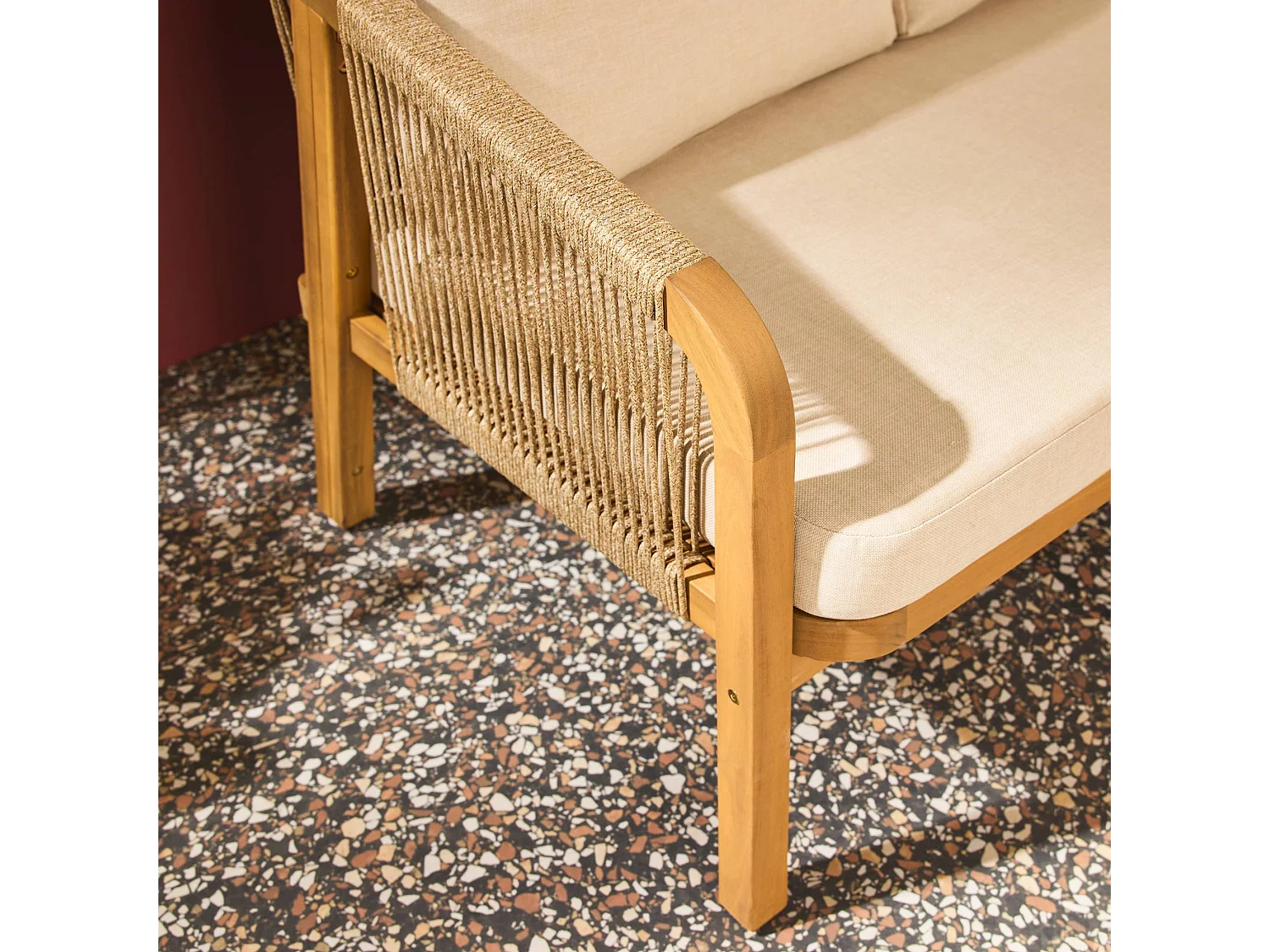 Divano da esterno in legno di acacia e corde, 3 posti, beige