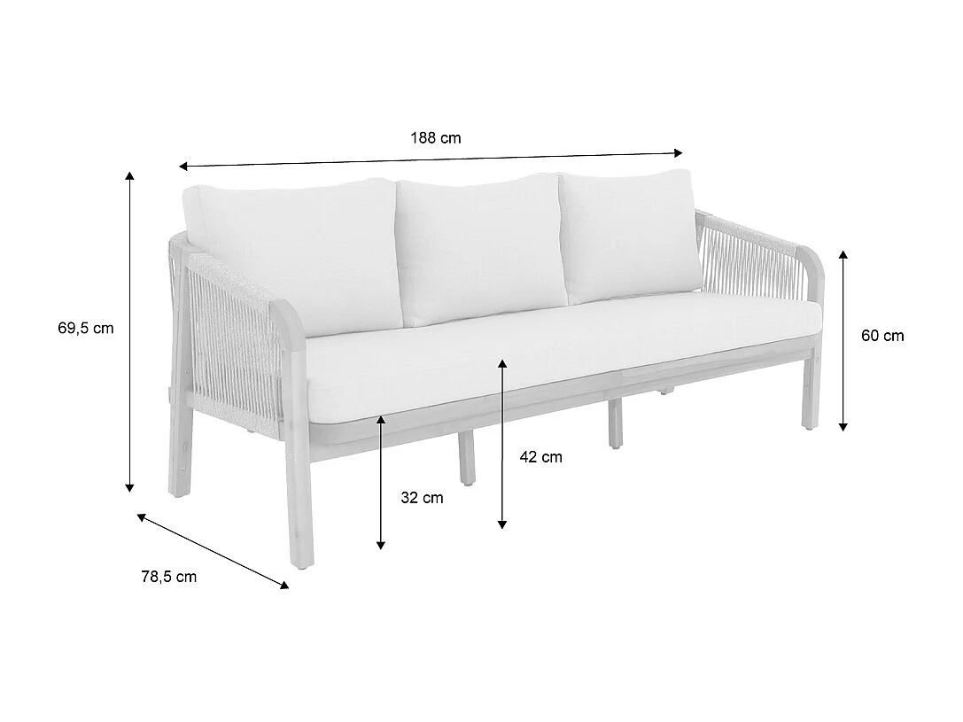 Divano da esterno in legno di acacia e corde, 3 posti, beige