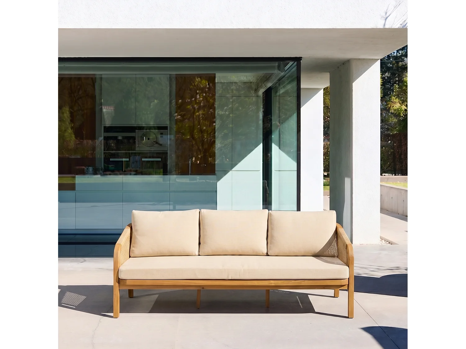 Divano da esterno in legno di acacia e corde, 3 posti, beige