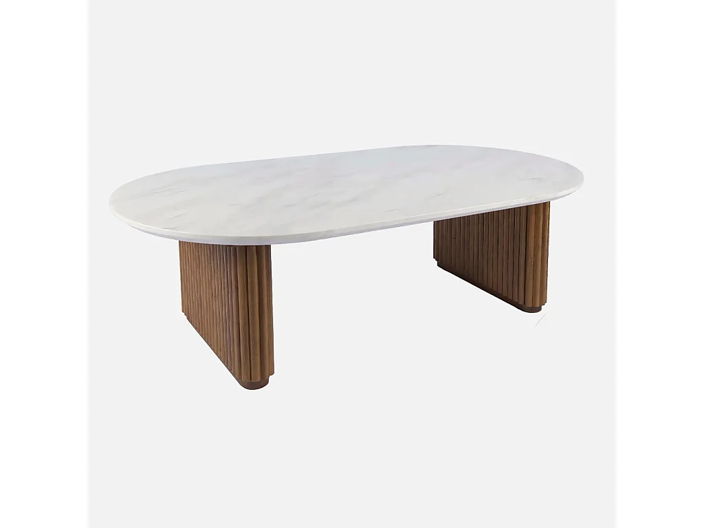 Table basse ovale bois d'hévéa noyer plateau effet pierre - Gabrielle