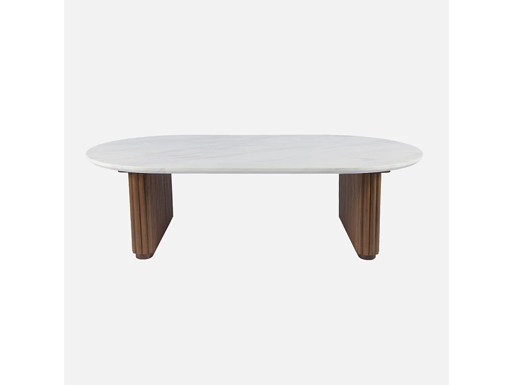 Table basse ovale bois d'hévéa noyer plateau effet pierre - Gabrielle