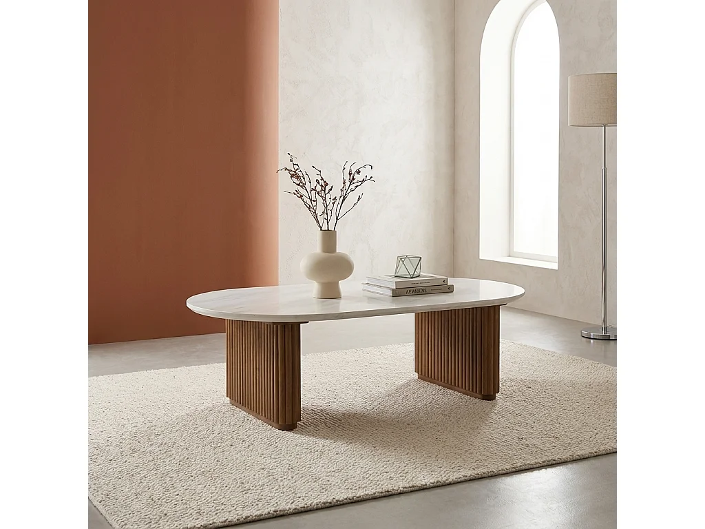 Table basse ovale bois d'hévéa noyer plateau effet pierre - Gabrielle