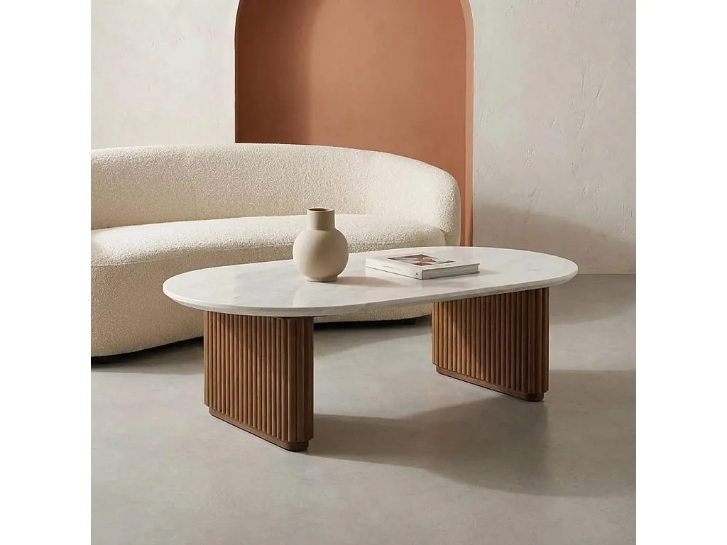 Table basse ovale bois d'hévéa noyer plateau effet pierre - Gabrielle