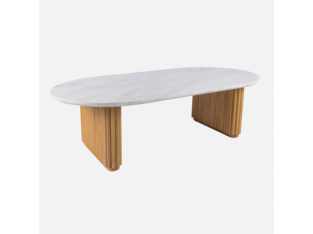 Table basse ovale bois d'hévéa naturel plateau effet pierre - Gabrielle