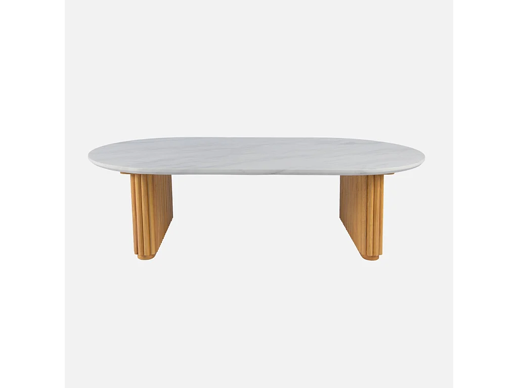Table basse ovale bois d'hévéa naturel plateau effet pierre - Gabrielle