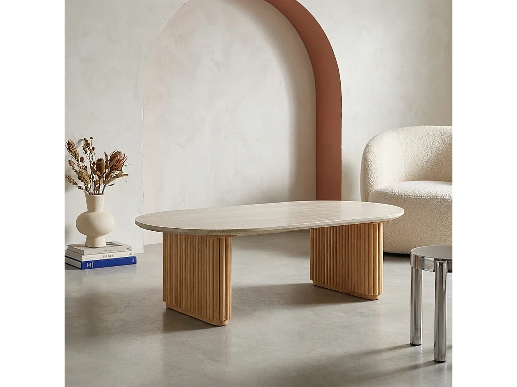 Table basse ovale bois d'hévéa naturel plateau effet pierre - Gabrielle