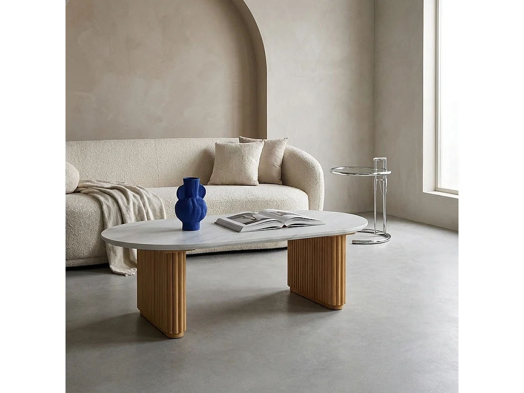 Table basse ovale bois d'hévéa naturel plateau effet pierre - Gabrielle