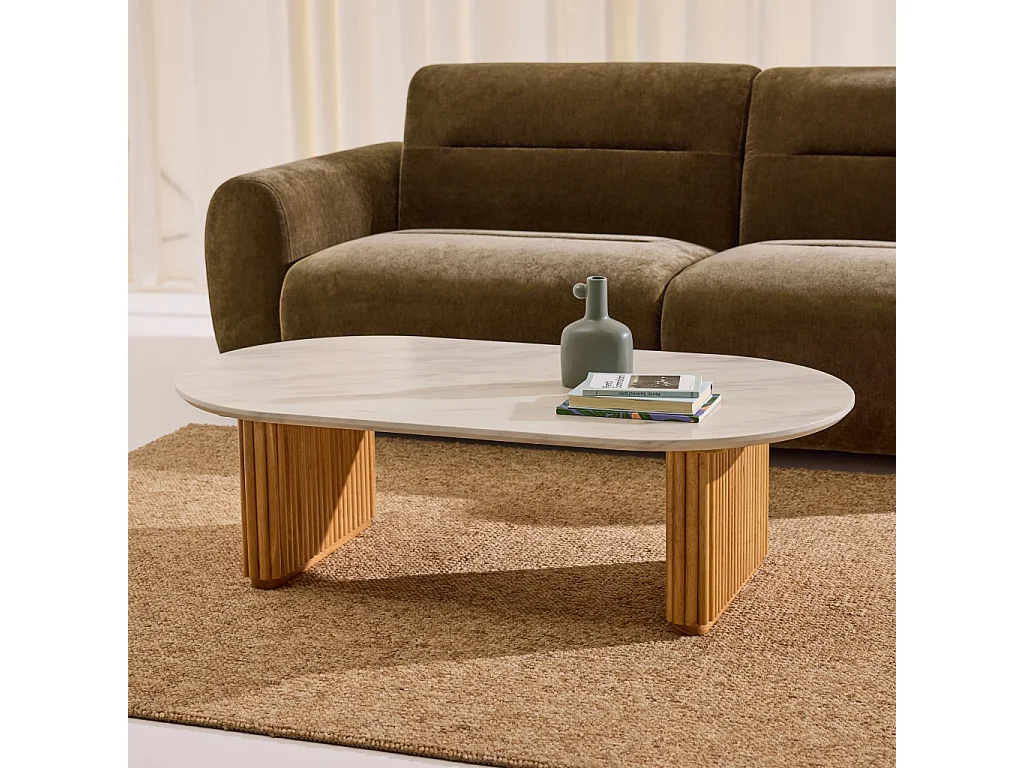 Mesa de centro ovalada de madera de hevea con efecto piedra natural