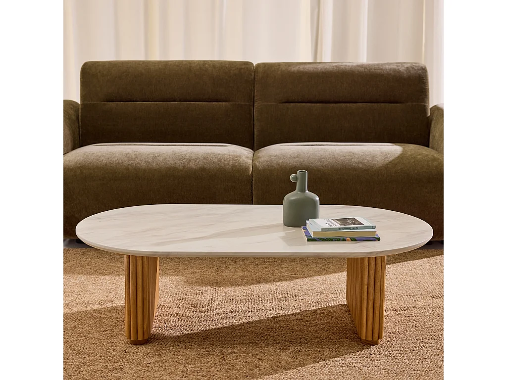 Mesa de centro ovalada de madera de hevea con efecto piedra natural