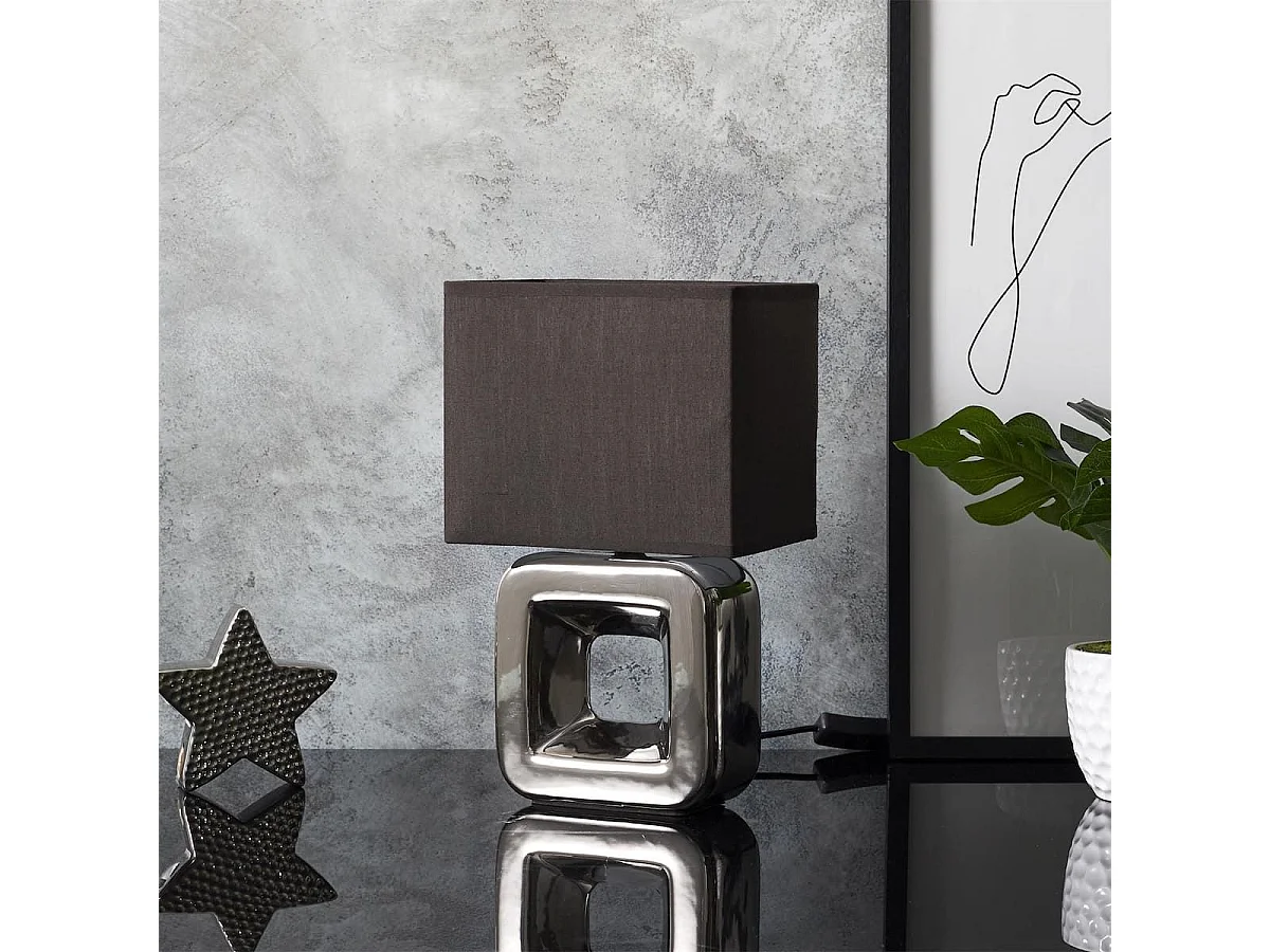 Lampe à poser carrée porcelaine argentée finition chromée (H32,5cm)