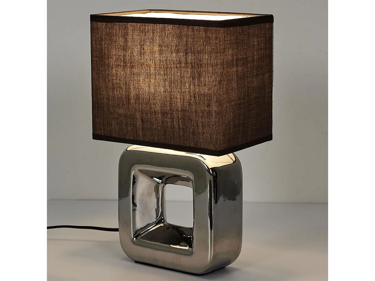 Lampe à poser carrée porcelaine argentée finition chromée (H32,5cm)