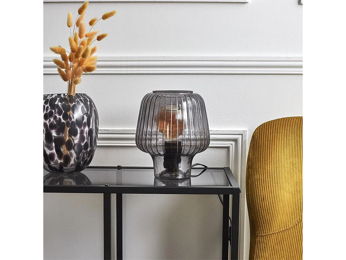 Lampe à Poser en Verre Fumé Embossé Noir Forme Champignon - ANDREA