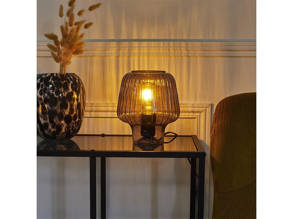 Lampe à Poser en Verre Fumé Embossé Noir Forme Champignon - ANDREA