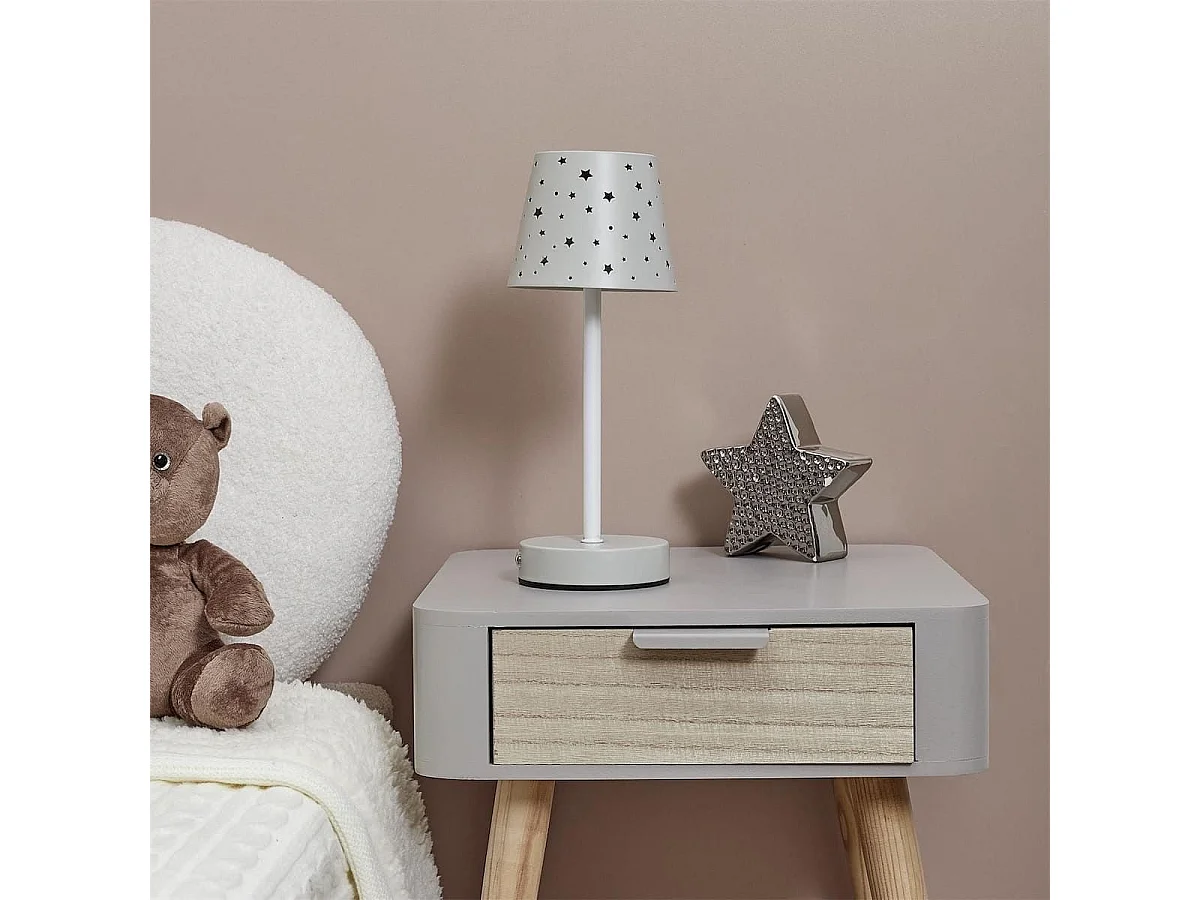 Lampe à poser blanche abat-jour étoiles ajouré rechargeable USB-C