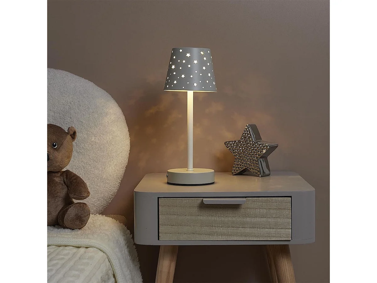 Lampe à poser blanche abat-jour étoiles ajouré rechargeable USB-C