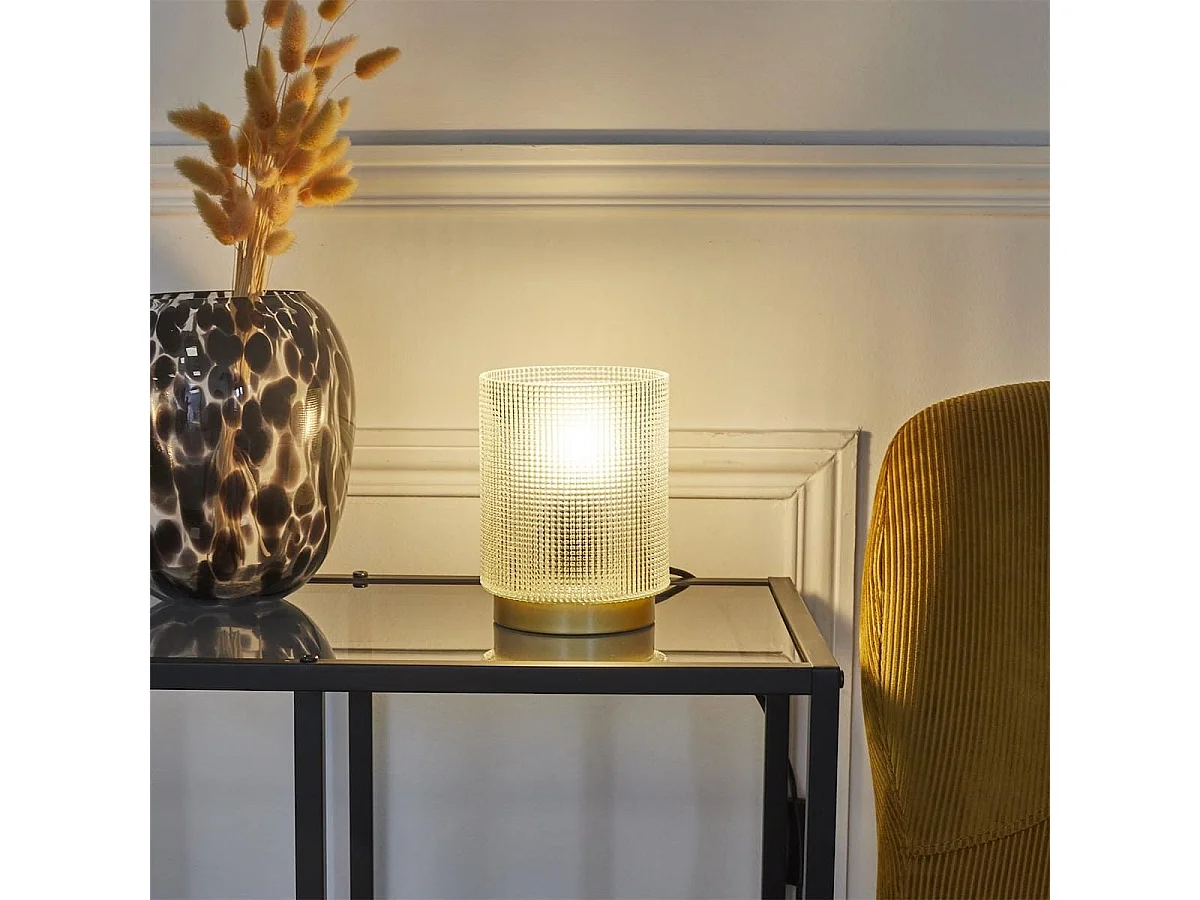 Lampe à poser en verre fumé embossé blanc socle doré