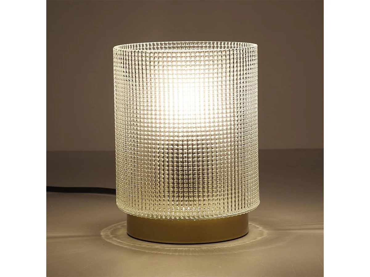 Lampe à poser en verre fumé embossé blanc socle doré