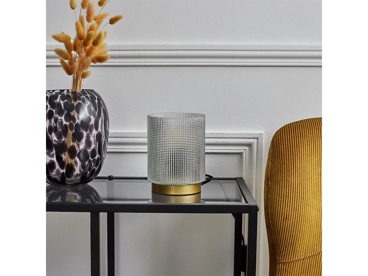 Lampe à poser en verre fumé embossé blanc socle doré