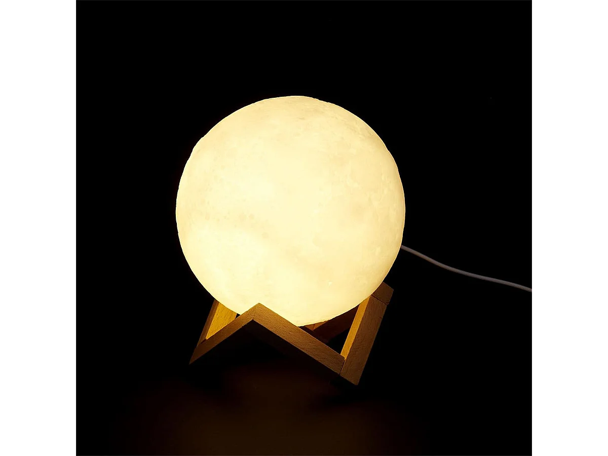 Lampe Veilleuse Tactile Lune 3D Réaliste et Socle Bois - LUNEA