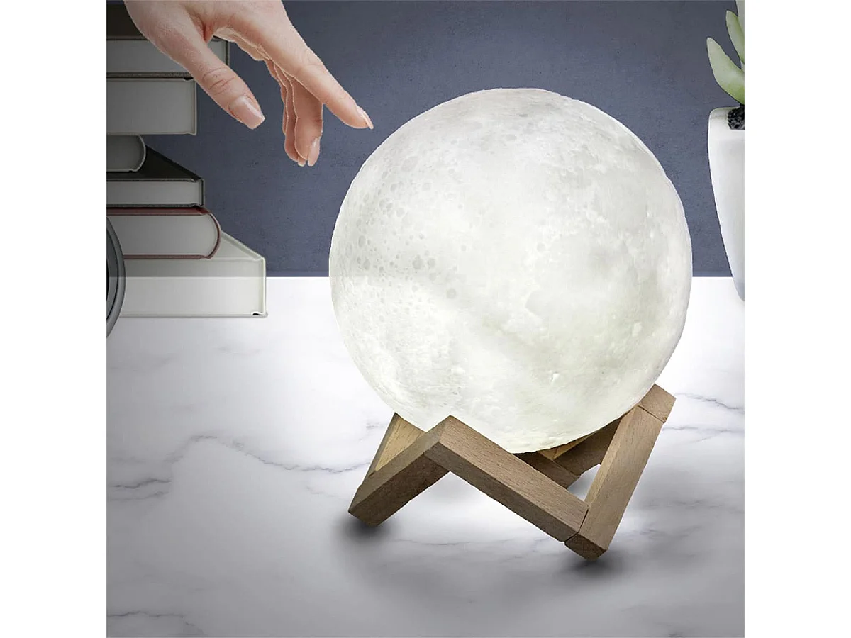 Lampe Veilleuse Tactile Lune 3D Réaliste et Socle Bois - LUNEA