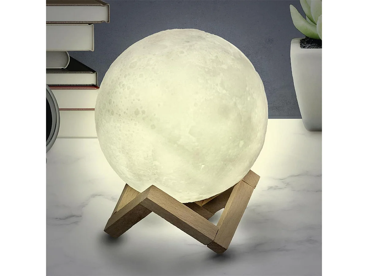 Lampe Veilleuse Tactile Lune 3D Réaliste et Socle Bois - LUNEA
