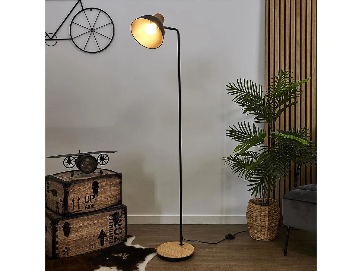 Lampadaire Style Industriel Métal Noir et Bois H145cm - DENAE