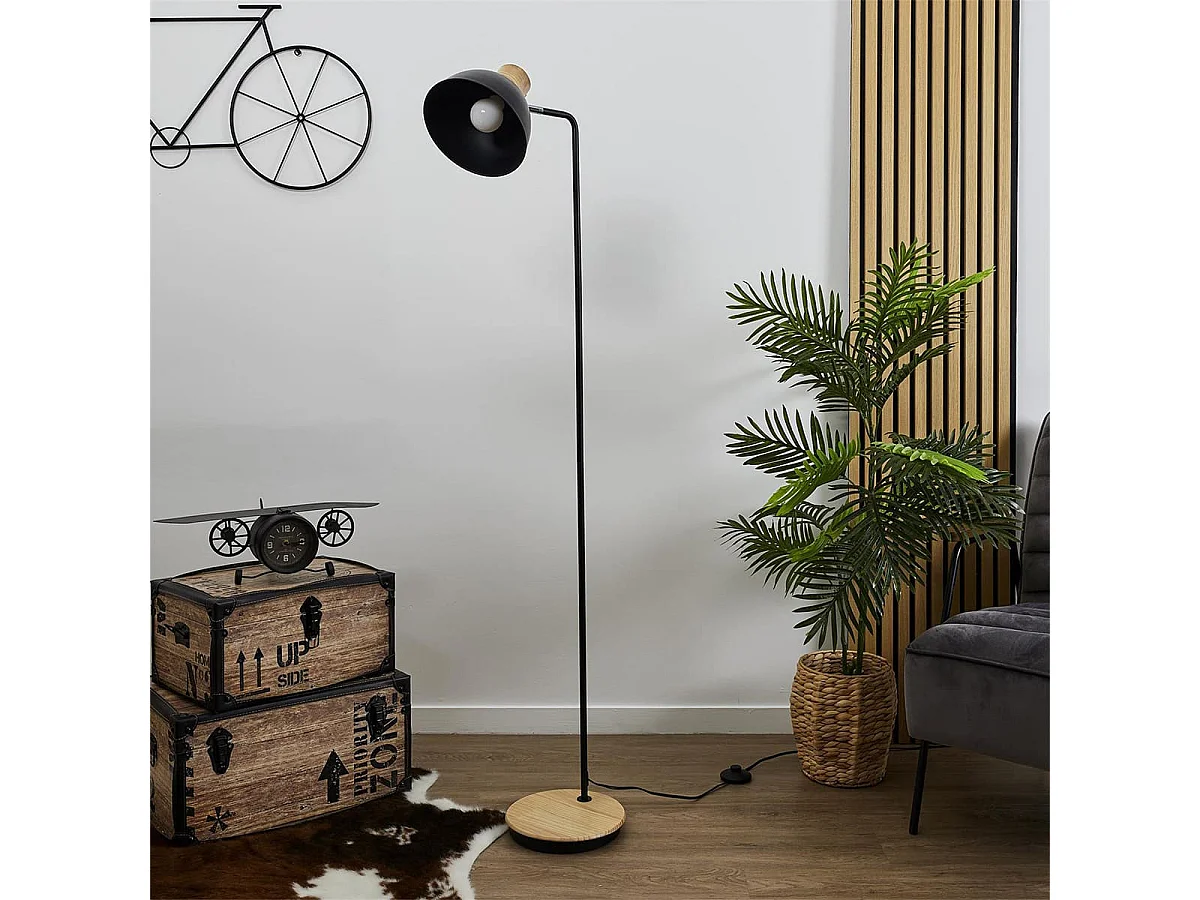 Lampadaire Style Industriel Métal Noir et Bois H145cm - DENAE