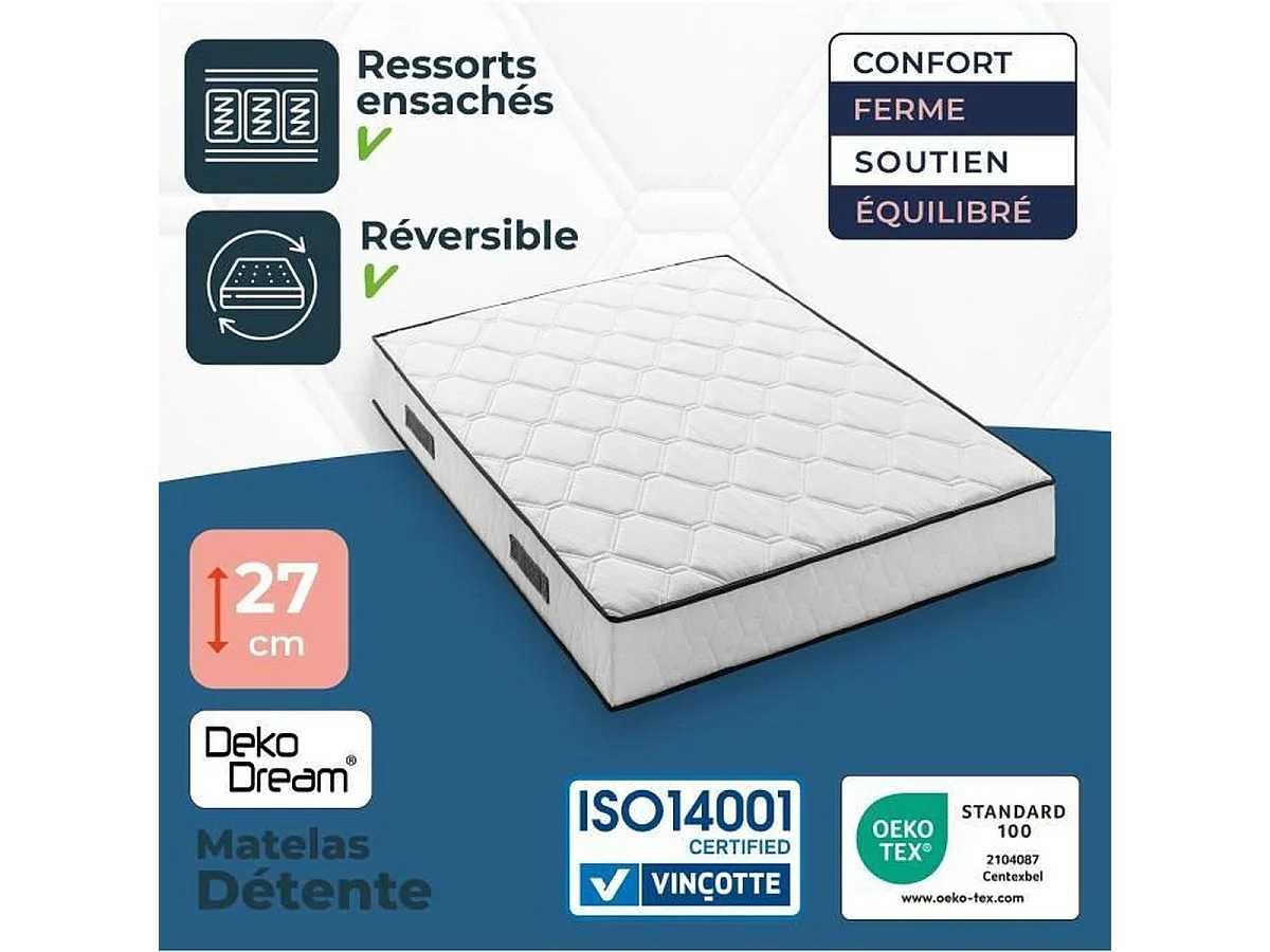 Ensemble matelas 180x200 cm + sommiers 2x90x200 cm - Ressorts ensachés - 7 zones de confort - 27 cm - Équilibré - DEKO DREAM