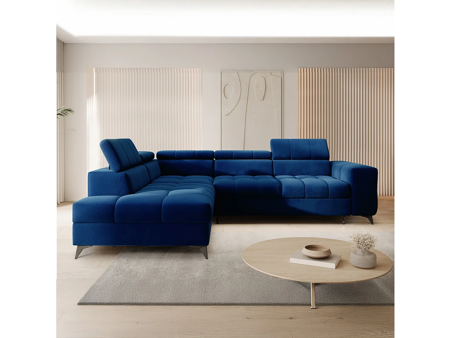 Canapé d'angle gauche convertible Gaspard velours Bleu
