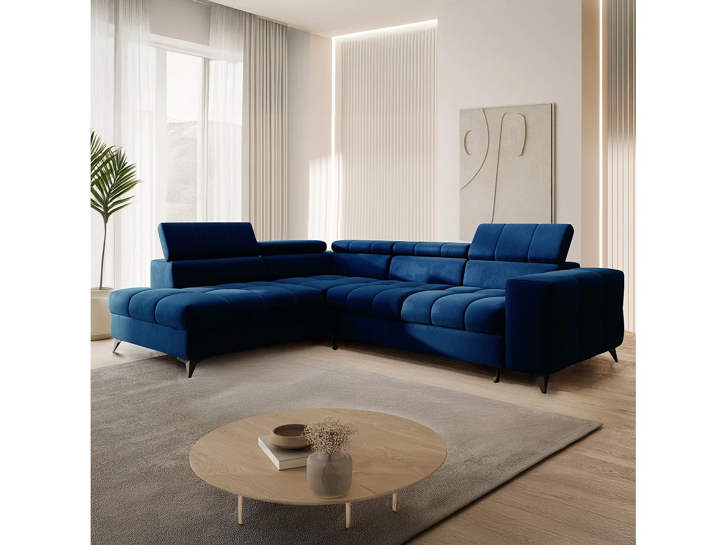 Canapé d'angle gauche convertible Gaspard velours Bleu