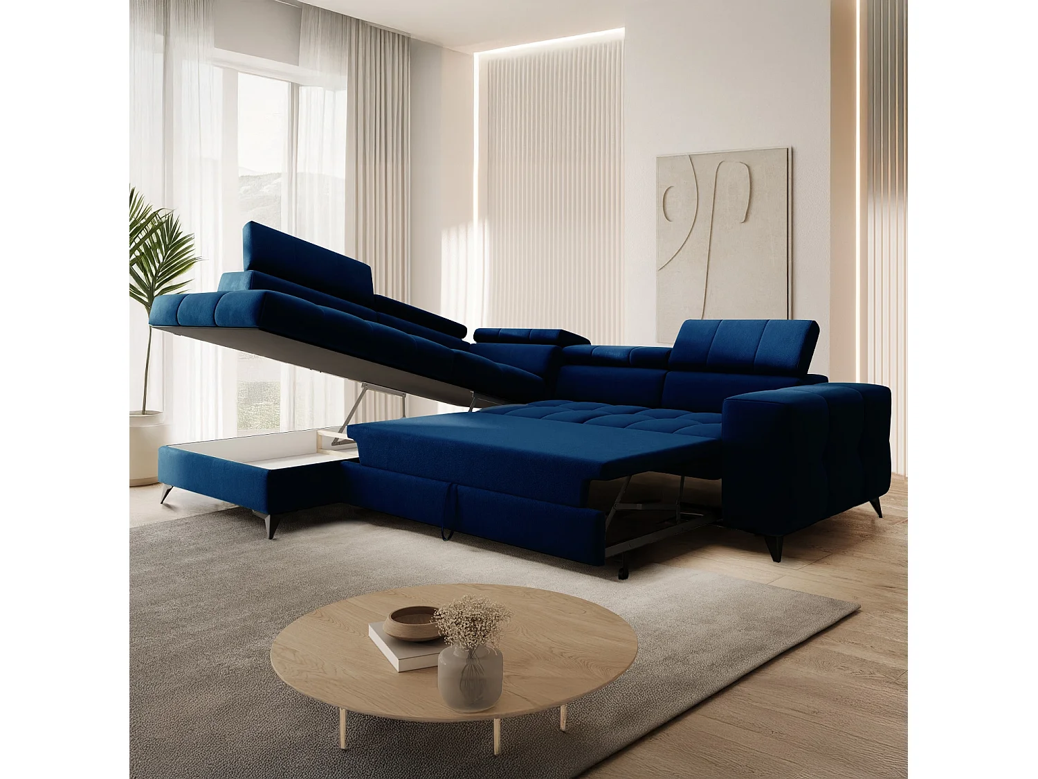 Canapé d'angle gauche convertible Gaspard velours Bleu