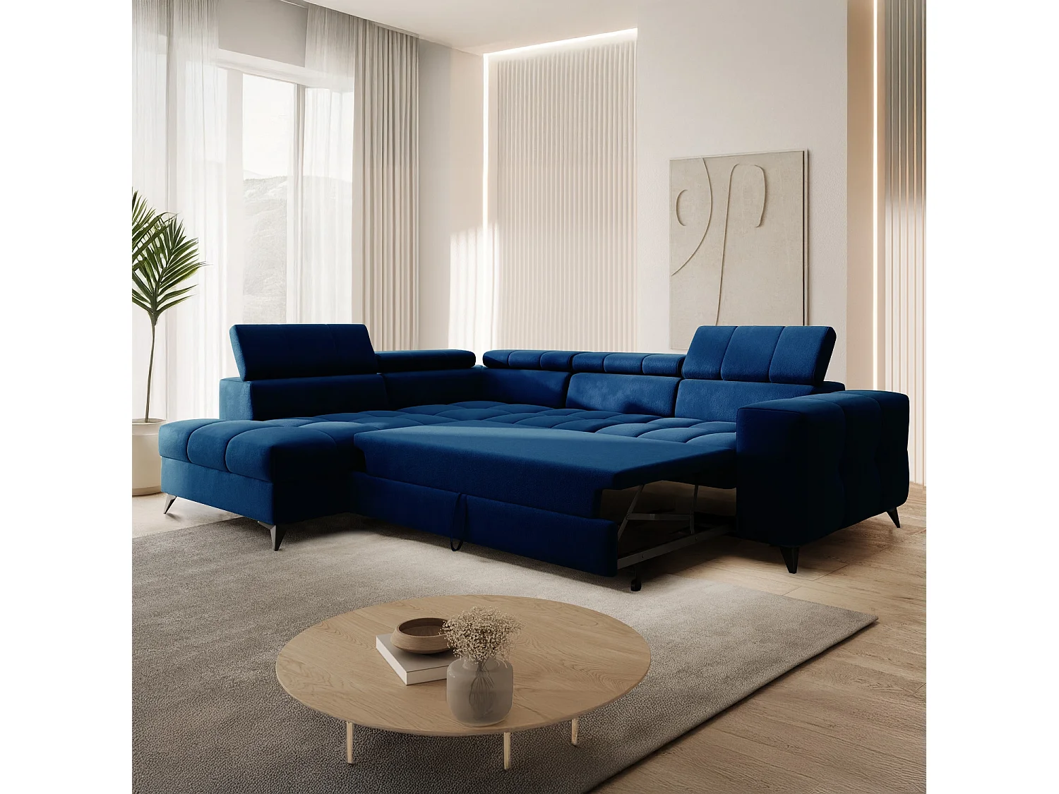 Canapé d'angle gauche convertible Gaspard velours Bleu