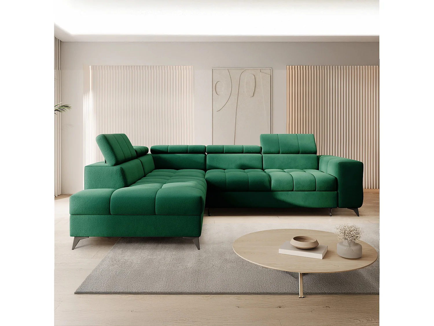 Canapé d'angle gauche convertible Gaspard velours Vert
