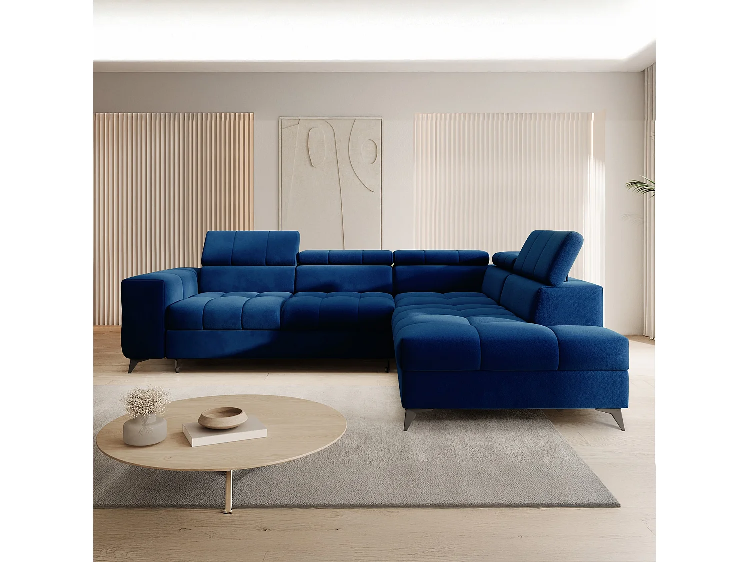 Canapé d'angle droit convertible Gaspard velours Bleu