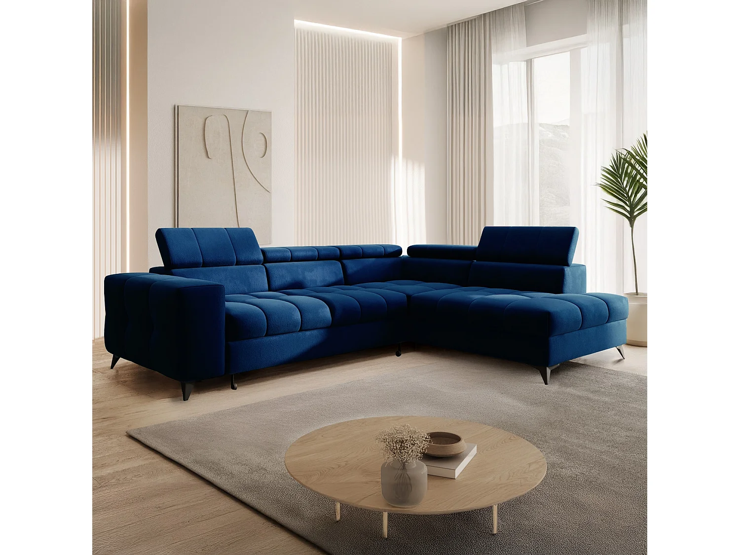 Canapé d'angle droit convertible Gaspard velours Bleu