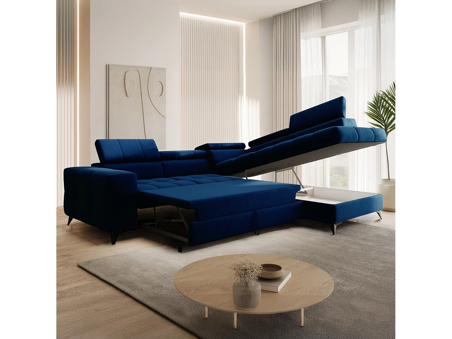 Canapé d'angle droit convertible Gaspard velours Bleu