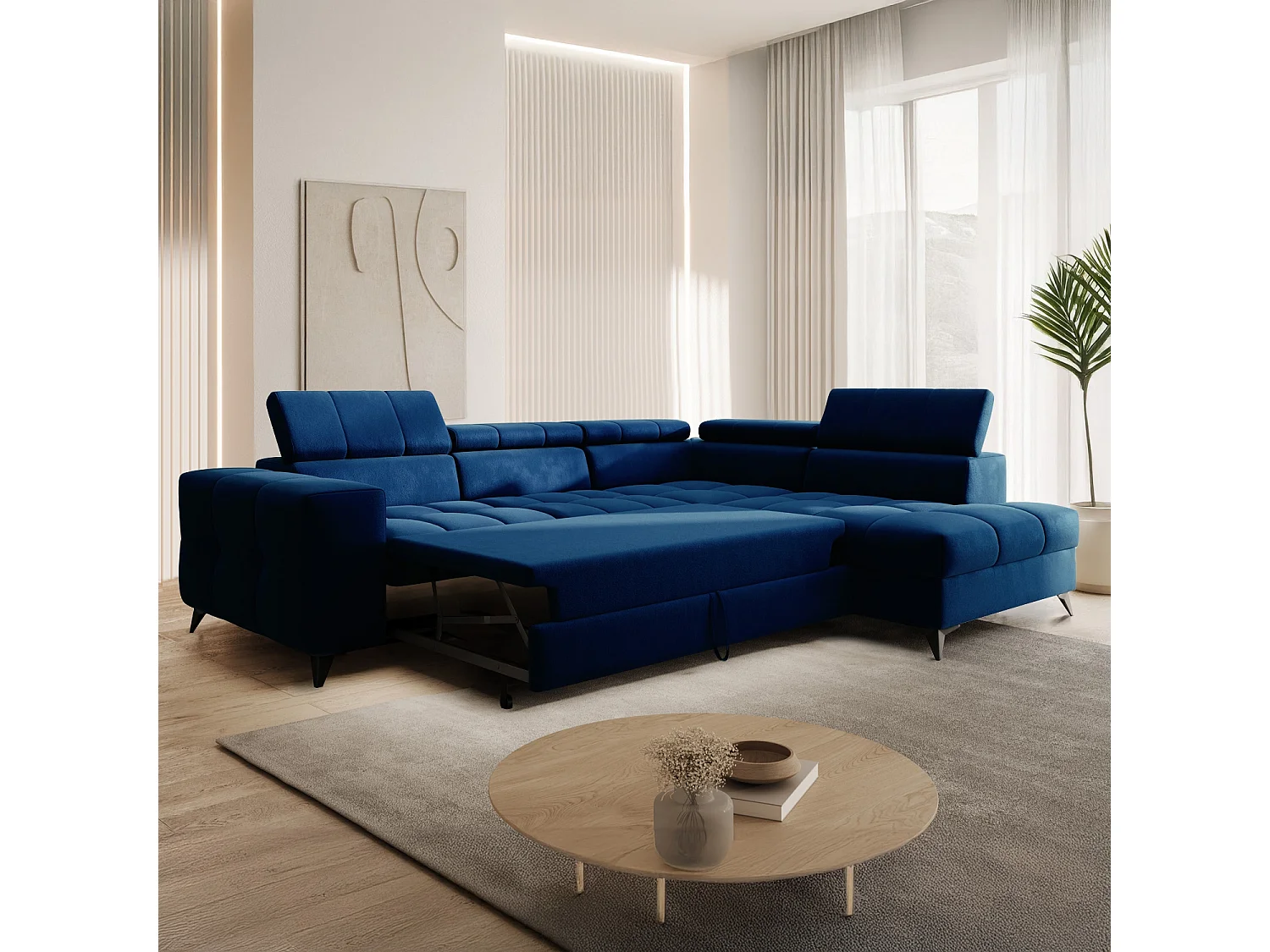 Canapé d'angle droit convertible Gaspard velours Bleu