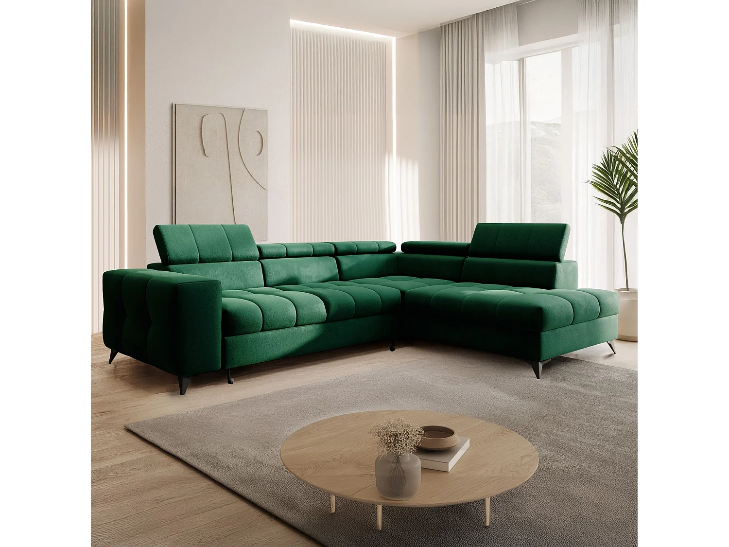Canapé d'angle droit convertible Gaspard velours Vert