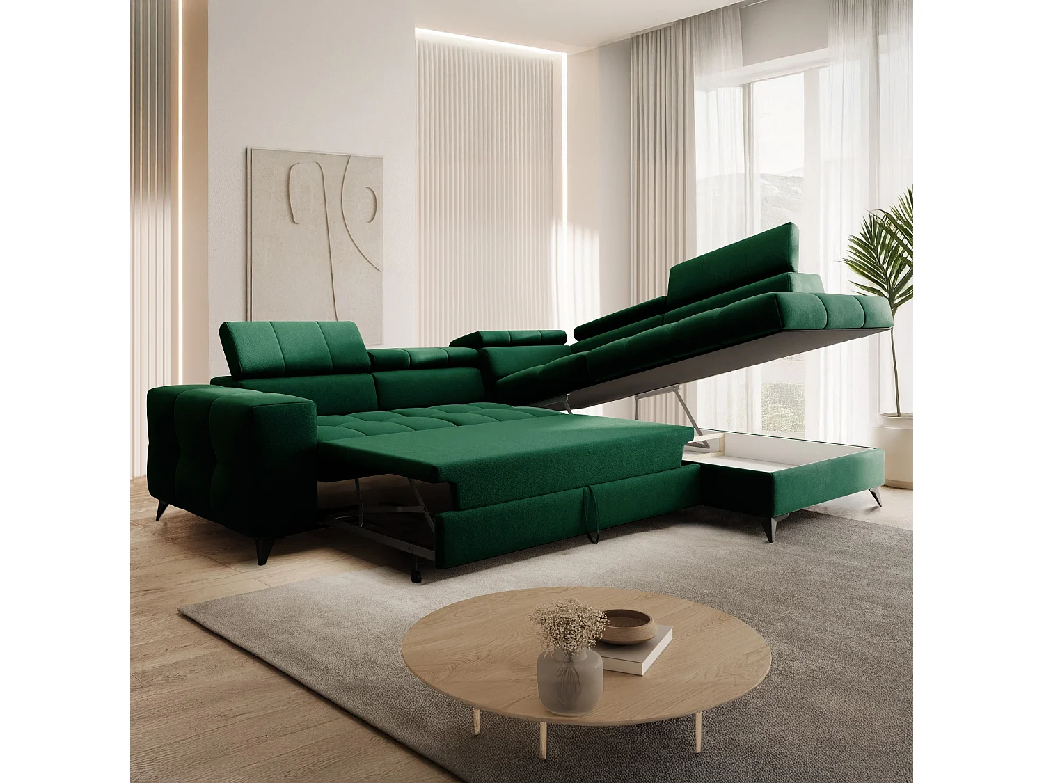 Canapé d'angle droit convertible Gaspard velours Vert