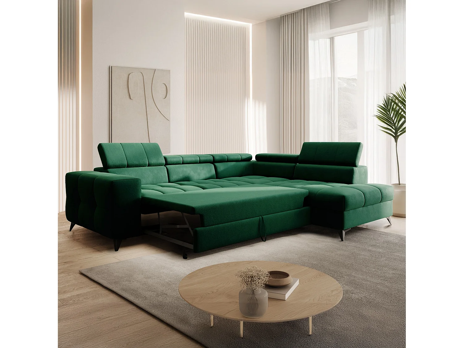 Canapé d'angle droit convertible Gaspard velours Vert