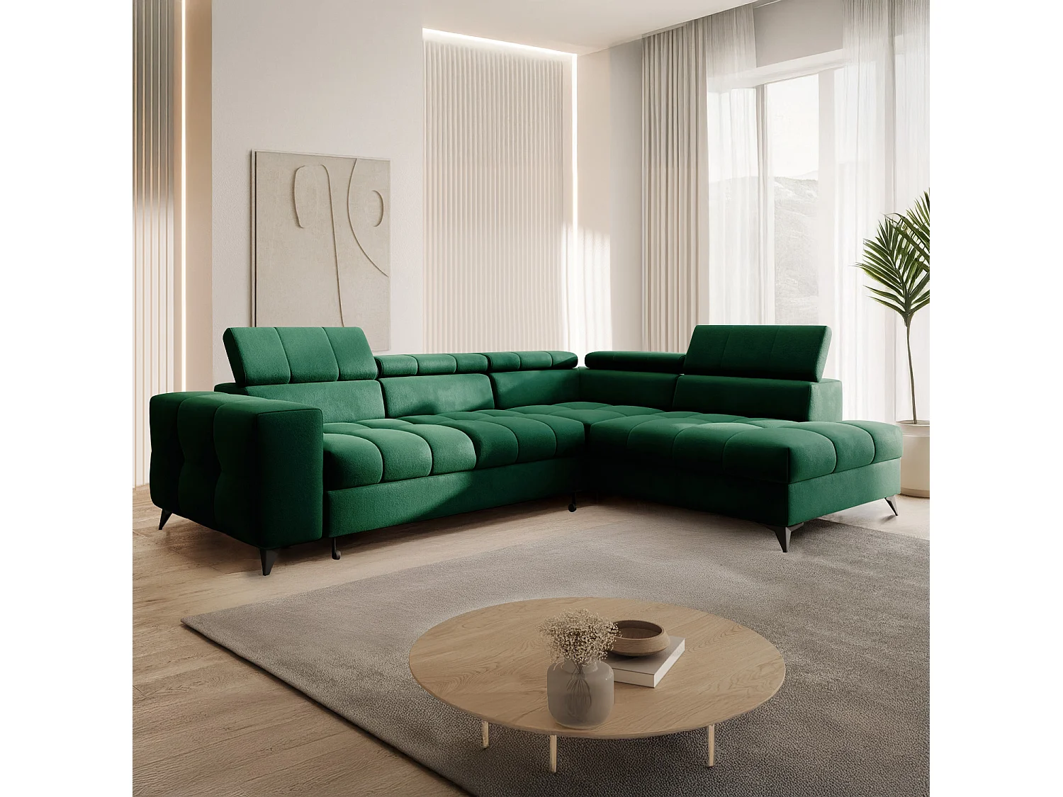 Canapé d'angle droit convertible Gaspard velours Vert