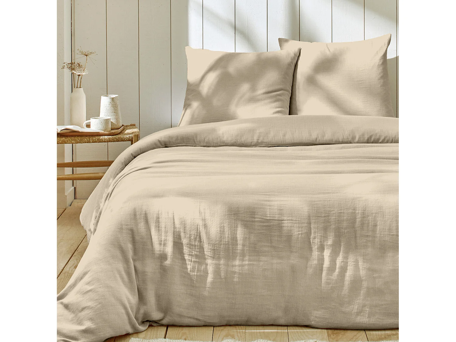 Parure Housse De Couette Gaze De Coton Beige Lin