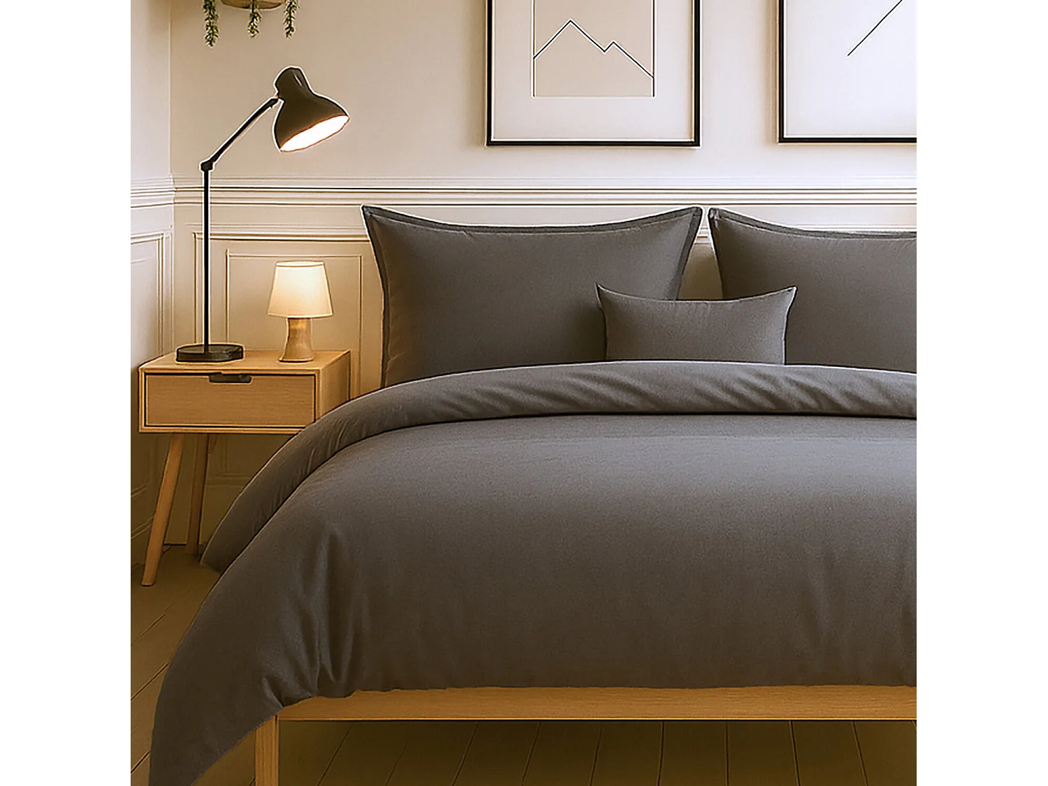 Parure Housse De Couette 100% Coton Gris Fonce