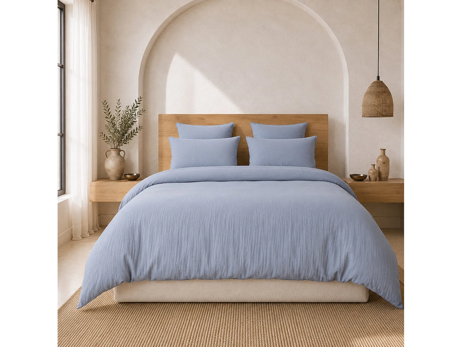 Parure Housse De Couette 100% Gaze De Coton Bleu Givrée