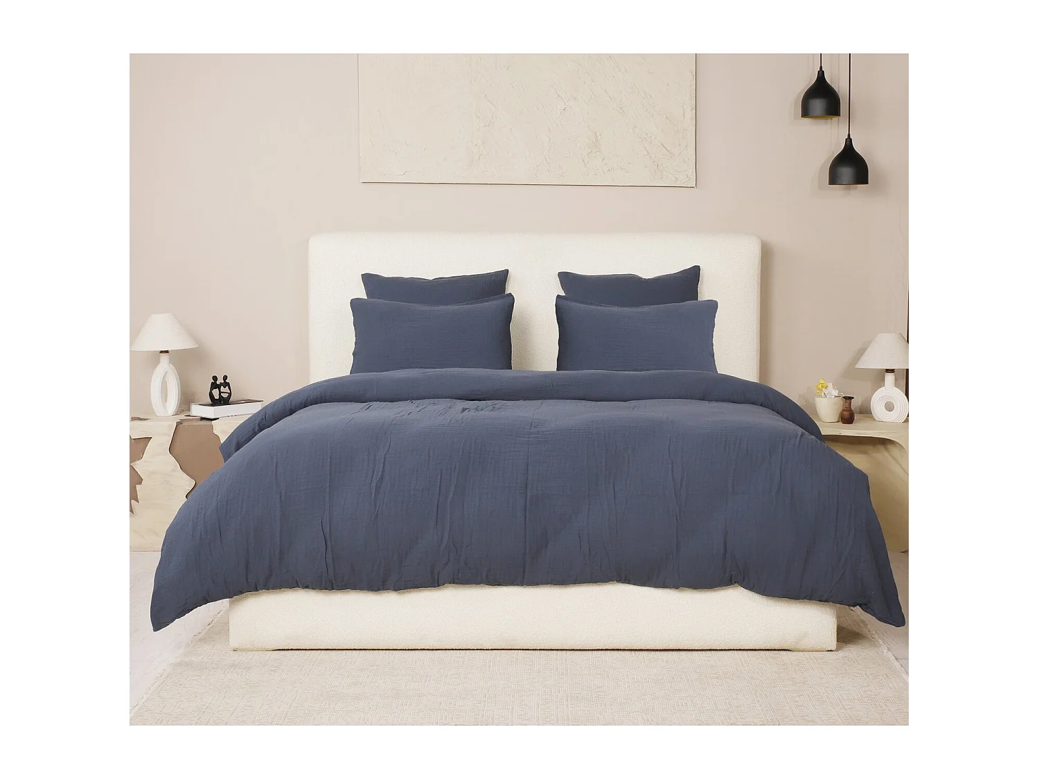Parure Housse De Couette 100% Gaze De Coton Bleu Petrole