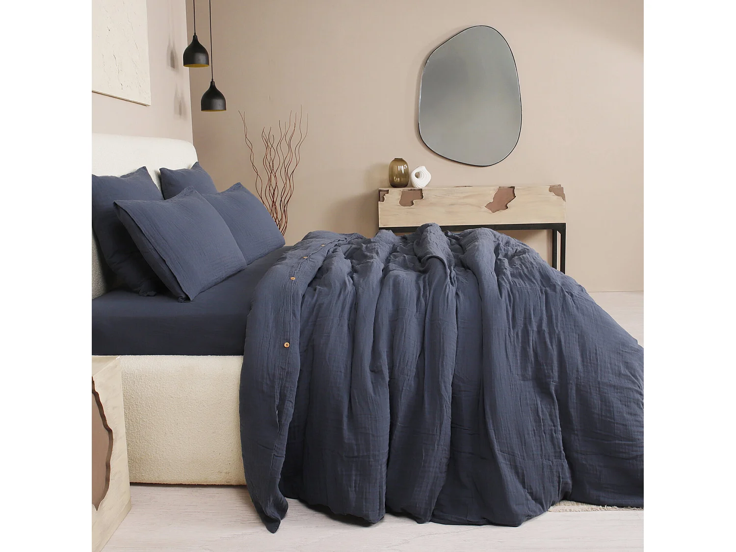 Parure Housse De Couette 100% Gaze De Coton Bleu Petrole