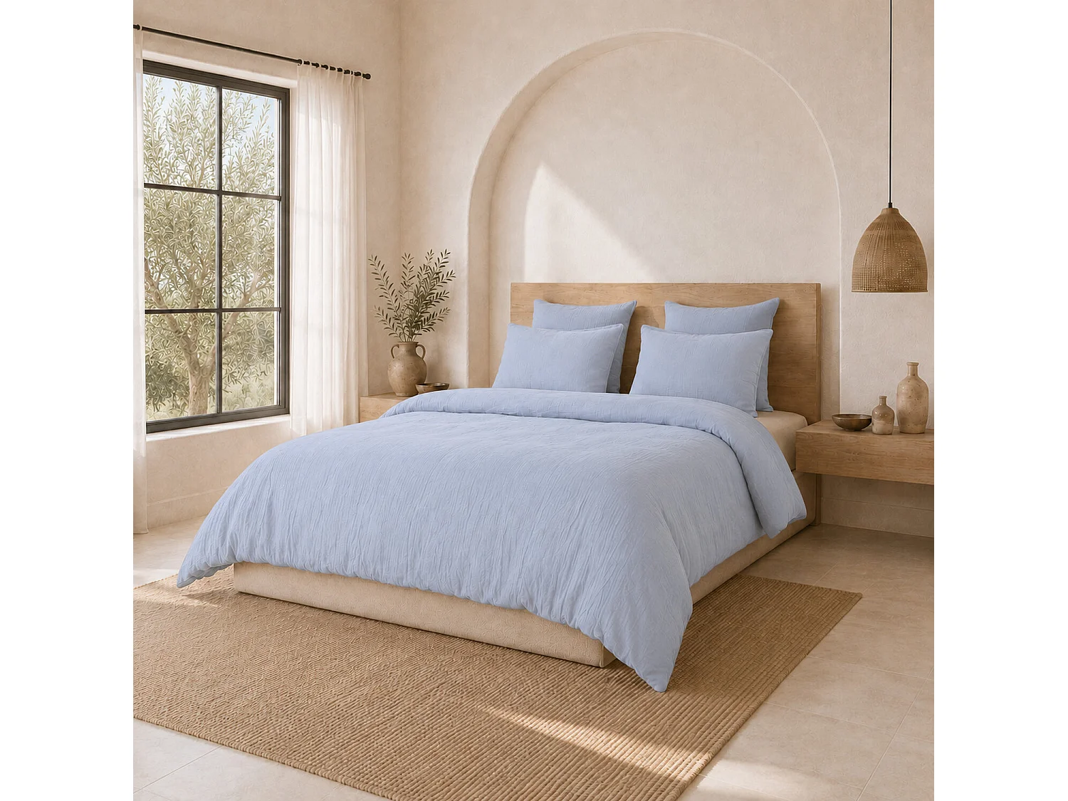 Parure Housse De Couette 100% Gaze De Coton Bleu Givrée