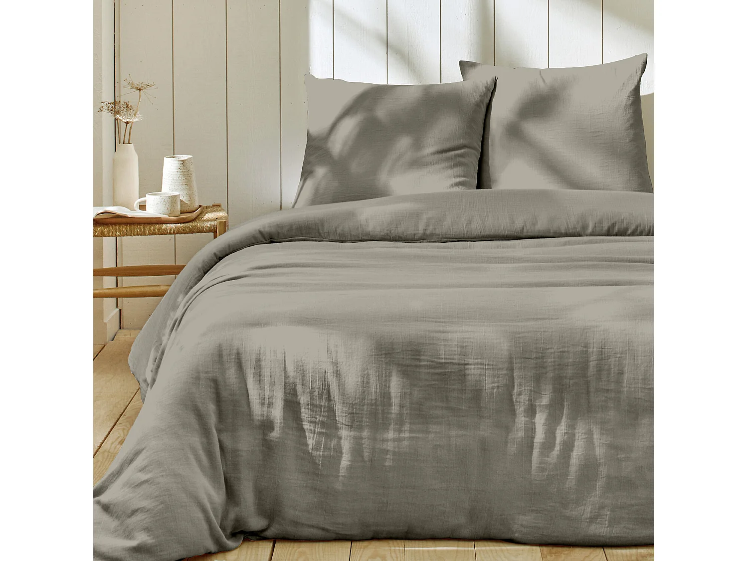 Parure housse de couette gaze de coton Gris Galet