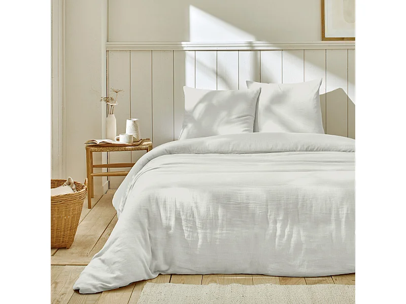 Parure Housse De Couette 100% Gaze De Coton Ivoire